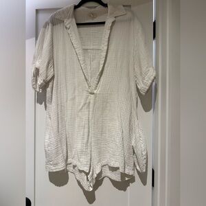 Elan Cream Textured V-Neck romper